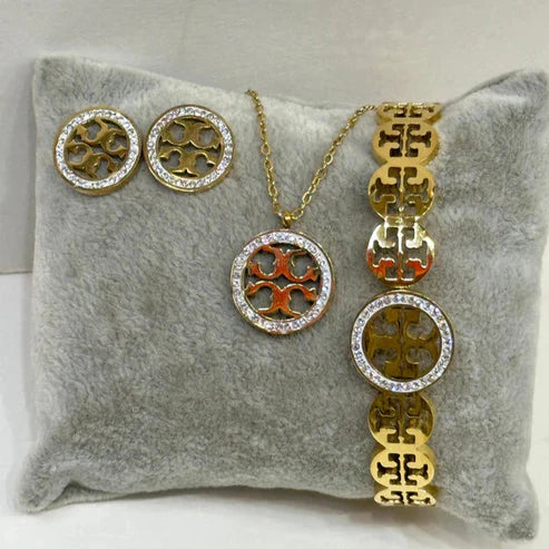 Gold Designer-Inspired Jewelry Set for Women – Necklace, Bracelet & Earrings with Circle Emblem Design