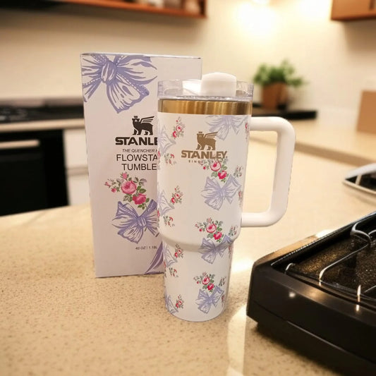 Stanley Printed Stainless Steel Tumbler – Blue Travel Cup with Straw