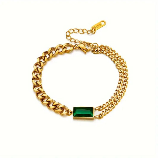 Gold Chain Bracelet with Green Stone – Elegant Adjustable Women’s Jewelry