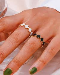 Gold Floral Band Ring for Women – Adjustable Enamel Ring in Black or White