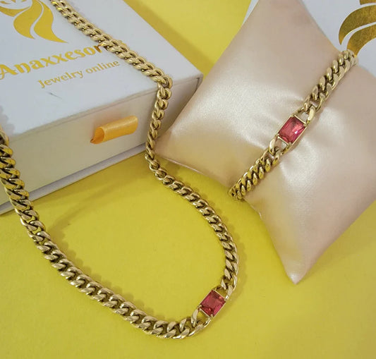 Gold Chain Necklace & Bracelet Set – Stainless Steel -  Available in Colors Blue, Red, Yellow