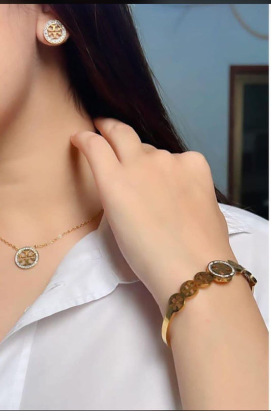 Gold Designer-Inspired Jewelry Set for Women – Necklace, Bracelet & Earrings with Circle Emblem Design