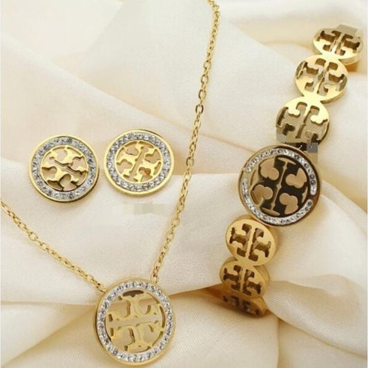 Gold Designer-Inspired Jewelry Set for Women – Necklace, Bracelet & Earrings with Circle Emblem Design