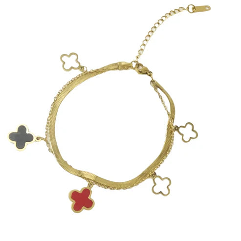 Elegant Clover Charm Bracelet – Gold Plated – Red, Blue, Black & White Enamel – Adjustable Chain
