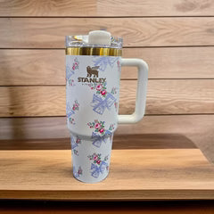 Stanley Printed Stainless Steel Tumbler – Blue Travel Cup with Straw