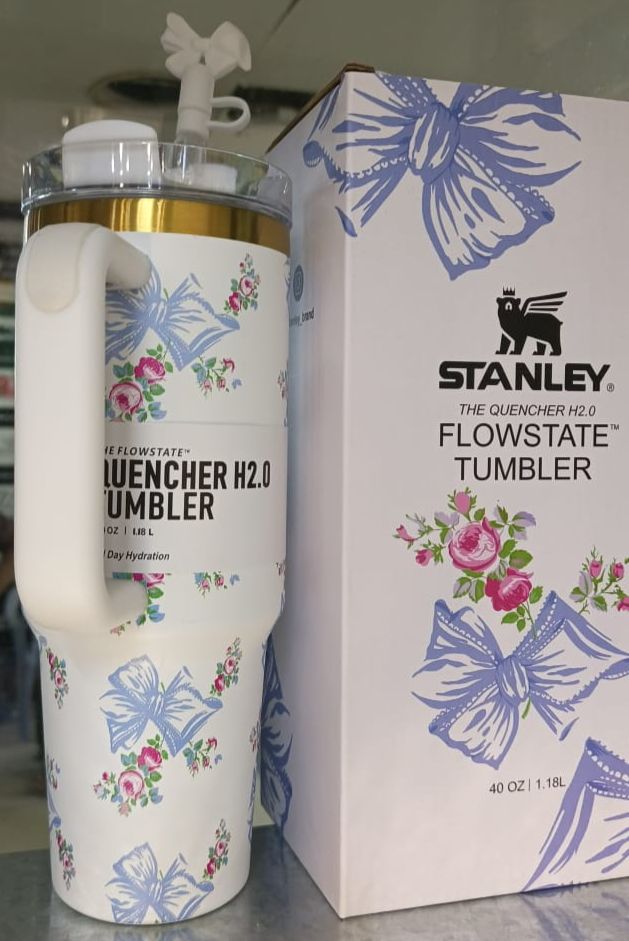 Stanley Printed Stainless Steel Tumbler – Blue Travel Cup with Straw