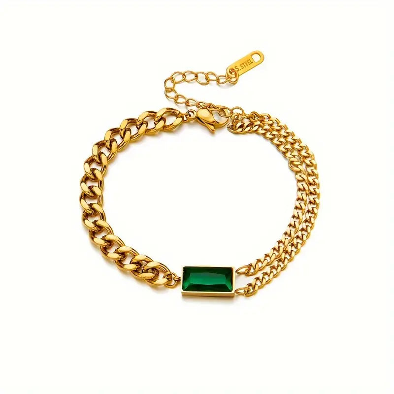 Gold Chain Bracelet with Green Stone – Elegant Adjustable Women’s Jewelry