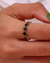 Gold Floral Band Ring for Women – Adjustable Enamel Ring in Black or White