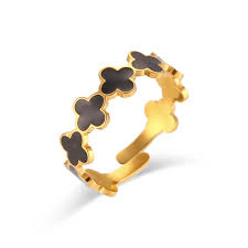 Gold Floral Band Ring for Women – Adjustable Enamel Ring in Black or White