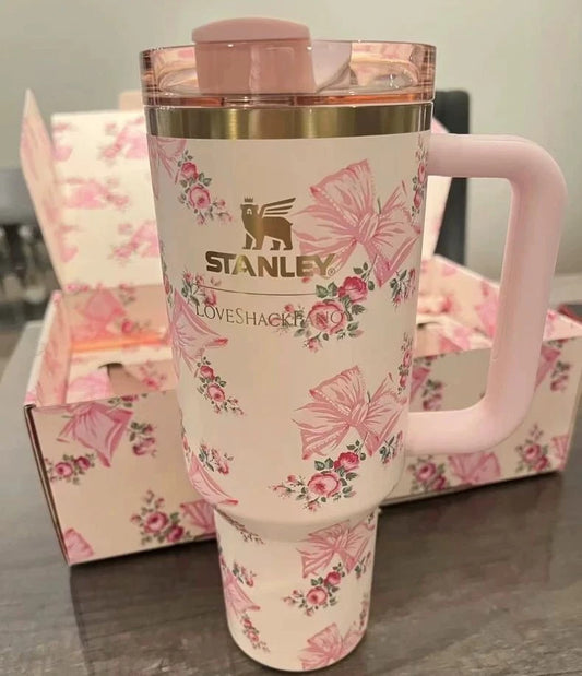 Stanley Printed Stainless Steel Tumbler – Pink Travel Cup with Straw