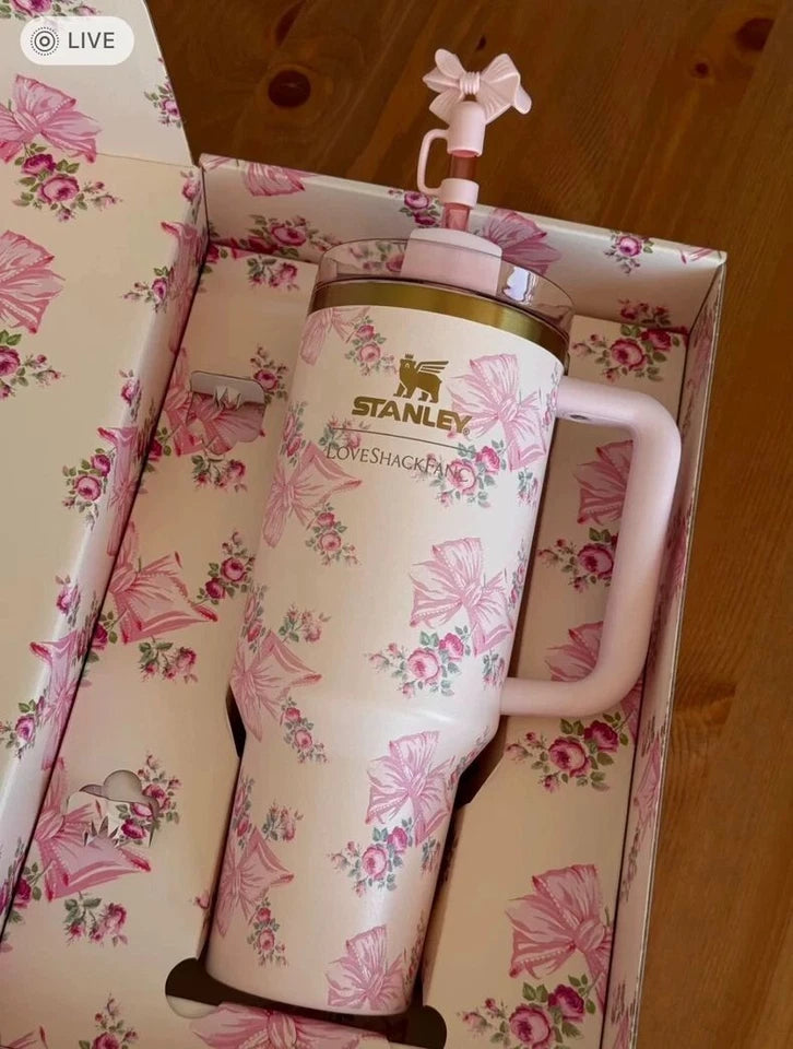 Stanley Printed Stainless Steel Tumbler – Pink Travel Cup with Straw