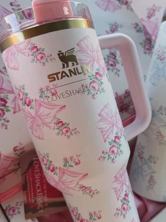 Stanley Printed Stainless Steel Tumbler – Pink Travel Cup with Straw