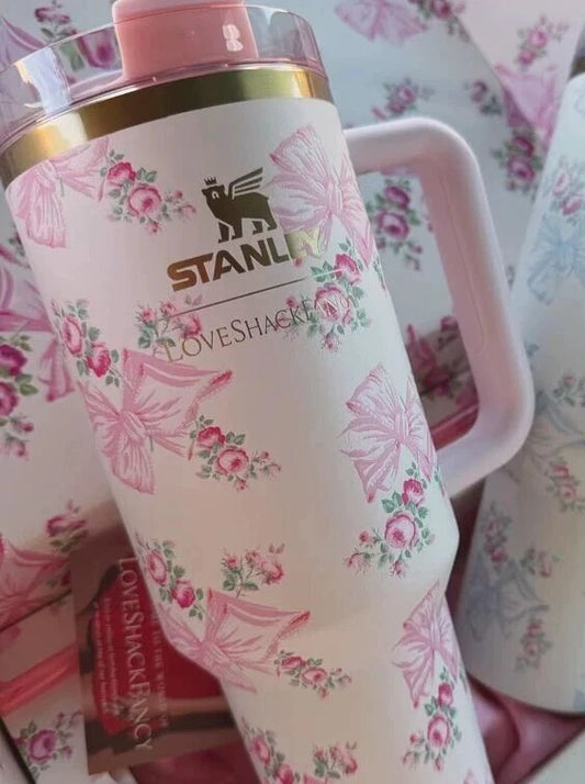 Stanley Printed Stainless Steel Tumbler – Pink Travel Cup with Straw